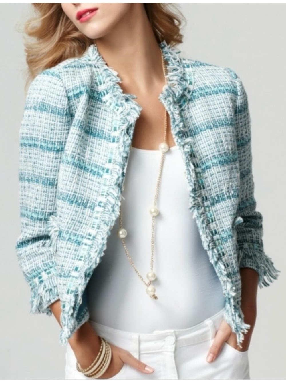 Tory Burch light green and white Tweed jacket with Fringe Trim - Picture 3 of 8